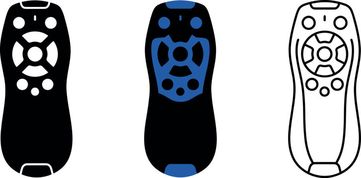 Three remote control icons with solid black blue and white outline styles