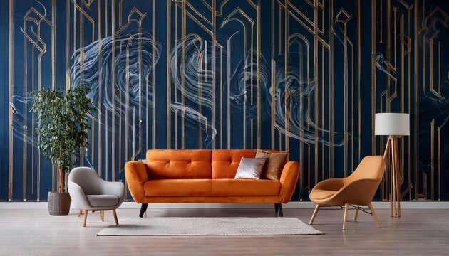 orange sofa and armchair against dark blue classic wall with marbling poster art deco home interior design of modern living room