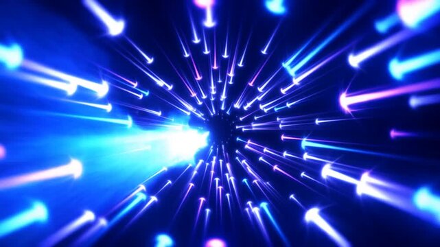 Glowing neon arrows converging toward a central point in an abstract blue digital space