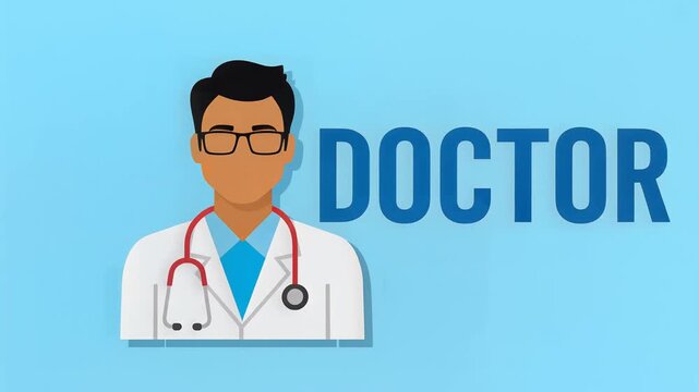 Flat illustration of a professional male doctor with stethoscope and doctor text on blue background