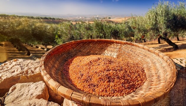 winnowing reddish brown lentils in a woven reed tray on sunny stone terraces with olive trees ancient biblical farming scene showing traditional agricultural harvest and food production methods