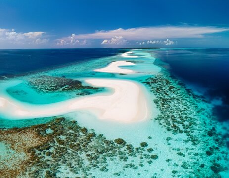 aerial view of shallow turquoise lagoon with sandbars and coral patches