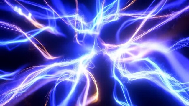 Blue energy tendrils swirling and colliding in dark abstract space with bright flashes