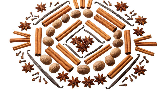 Cinnamon sticks star anise and nutmeg arranged in a decorative diamond geometric pattern for food background