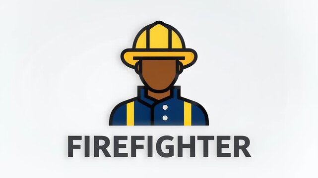 Minimalist flat illustration of a firefighter icon wearing uniform and helmet on white background