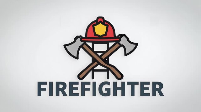 Firefighter emblem animation with red helmet crossed axes and ladder on white background