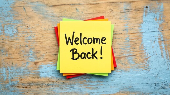 A stack of colorful sticky notes with the words welcome back written on a rustic wooden background