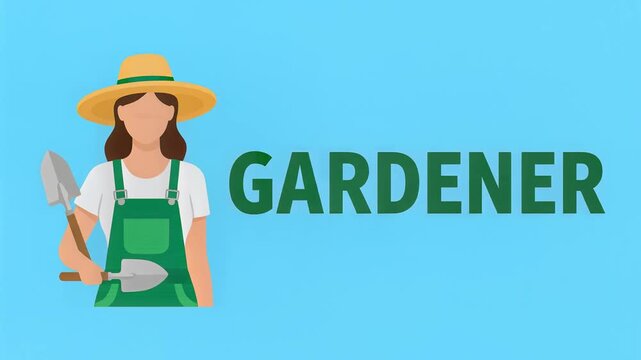 Female Gardener Character Animation with Tools and Text on Blue Background
