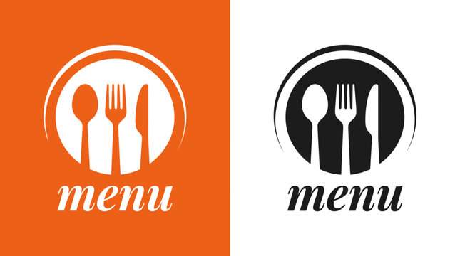 Minimalist restaurant menu logo featuring flat vector silhouettes of cutlery on vibrant orange and white backgrounds