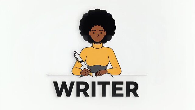 Black woman writer character animation writing in notebook with fountain pen