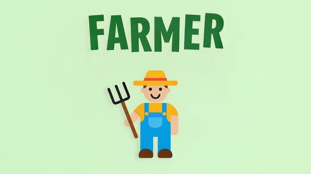 Cartoon Illustration of a Smiling Farmer with Pitchfork and Bold Text on Green Background