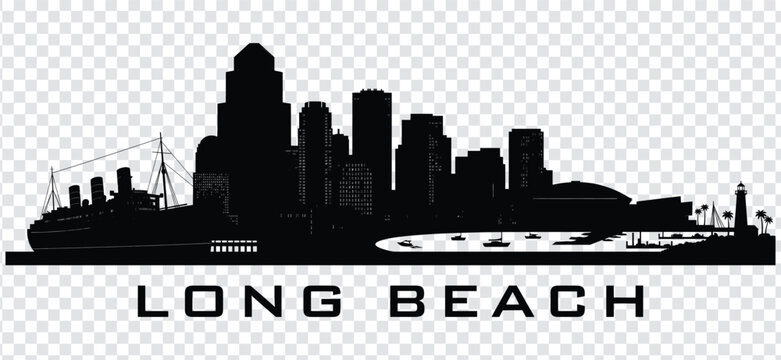 Long beach city skyline silhouette with queen mary ship and lighthouse