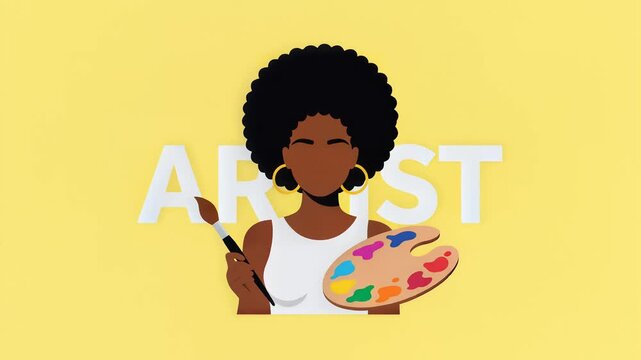 African American Female Artist Illustration with Paint Palette and Brush
