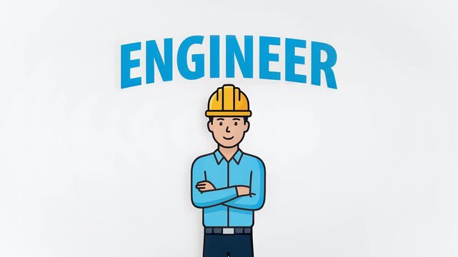 Minimalist Animation of Professional Male Engineer with Yellow Hard Hat on White Background