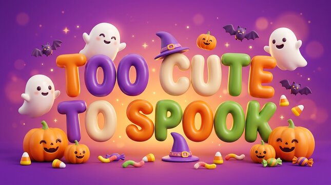 Colorful halloween-themed spooky ghosts and pumpkins celebrating too cute spoof party with cartoon characters