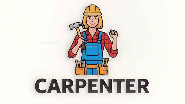 Female Carpenter Character Illustration with Hammer and Tool Belt on White Background