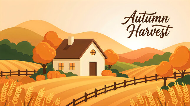 Autumn Harvest Vector Illustration, Farmhouse and Wheat Fields, Rural Landscape with Pumpkins and Mountains, Fall Season Typography Concept for Logo or Label thanksgiving