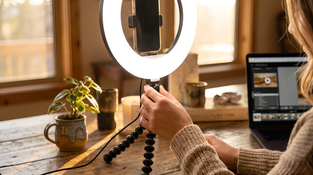 Ring light setup on a wooden table is adjusted by a content creator preparing for a vlog production indoors.