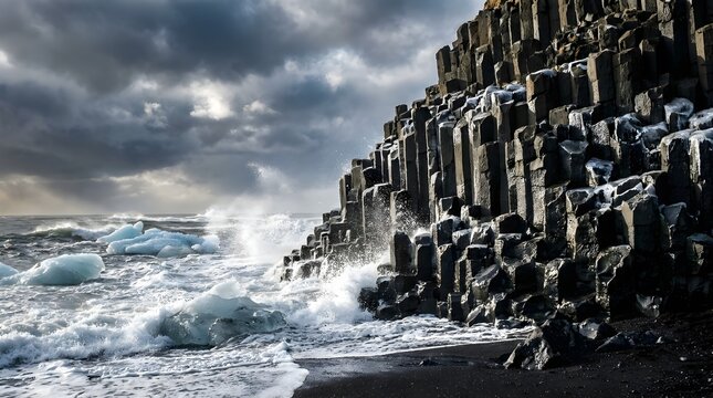 Dramatic Volcanic Basalt Columns on Remote Icelandic Shoreline