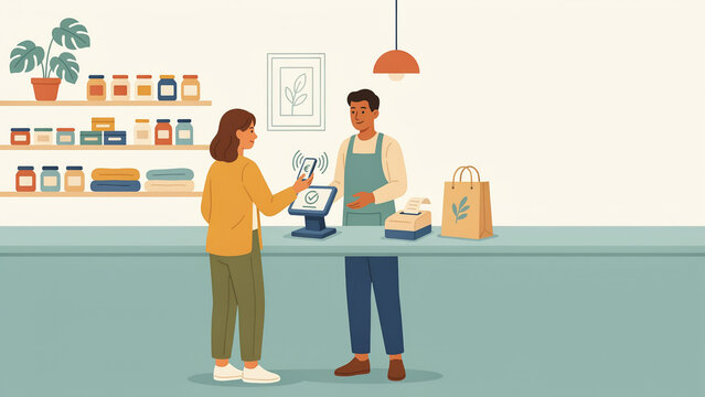 Female barista training male colleague in modern coffee shop with menu icons and takeaway cups