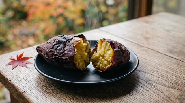 Steaming Roasted Japanese Sweet Potato on Rustic Autumn Table