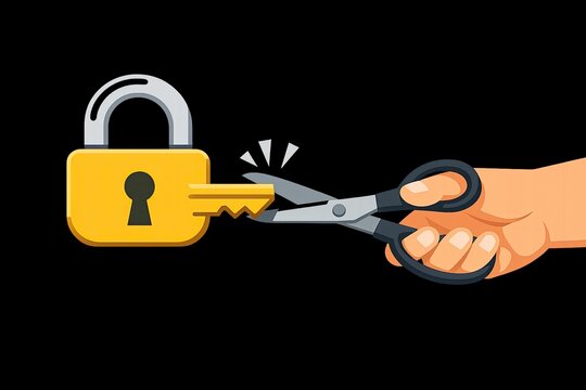A person uses scissors to cut through a chain or lock, possibly for freedom or escape