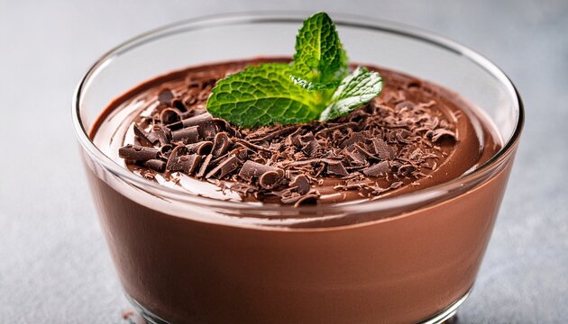 a chocolate mousse in a glass cup with chocolate shavings and a mint leaf on top