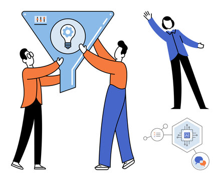 People holding a funnel with a lightbulb and AI chip vector illustration. Innovation, teamwork, digital transformation, problem solving, technology, strategy. Employees processing creative ideas