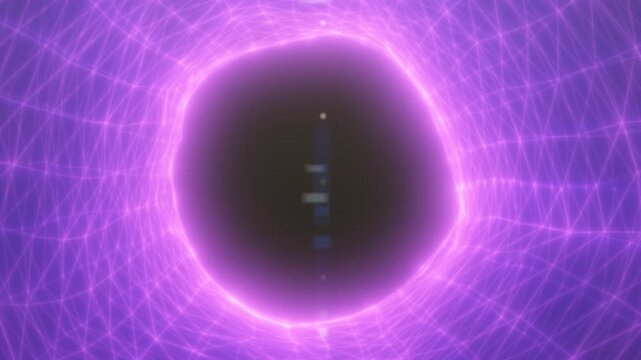 Glowing purple network lines surround a dark central portal