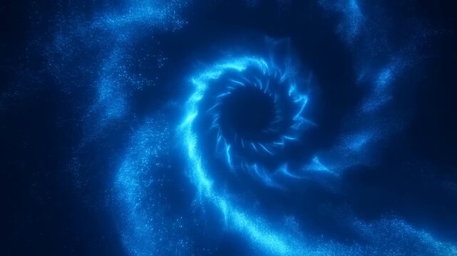 Blue glowing particle vortex spiraling in dark abstract space