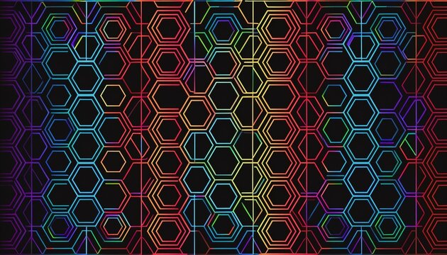 seamless banner with colorful hexagon pattern overlapping geometric honeycomb outline on black background modern technology network design