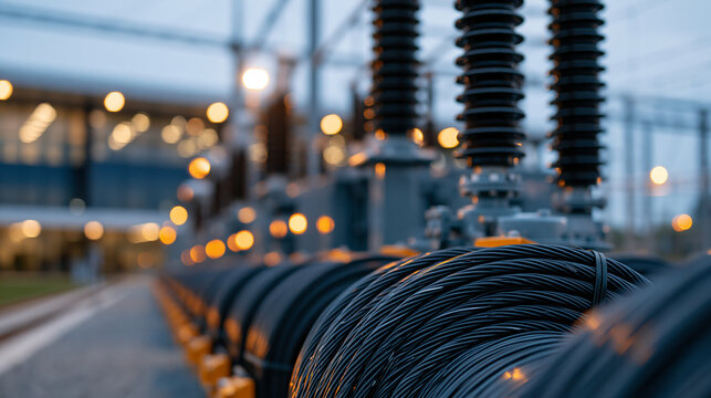 Modern manufacturing complex adjacent to an electrical switchyard with insulators, circuit breakers, and coiled cables arranged in neat rows, bright overcast sky, energy distributi