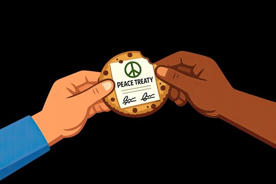 Two hands holding a cookie featuring a peace sign, perfect for food or social media use