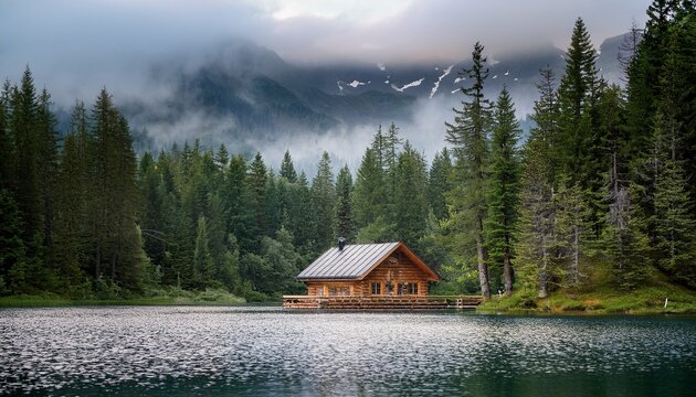 a wooden cabin nestled in a dense forest by a tranquil lake with misty mountains in the background