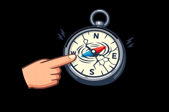 A hand pointing a compass direction on a dark background