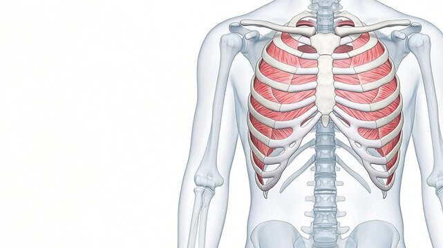 3D Medical Illustration of Human Rib Cage and Intercostal Muscles During Breathing