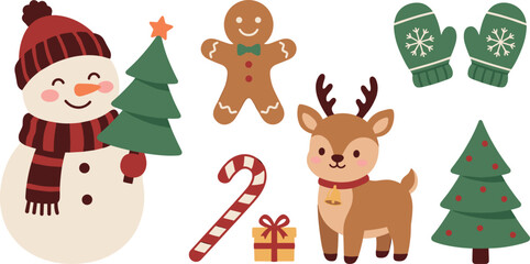 Naklejka premium Kawaii holiday season clip art bundle including cheerful snowman cute reindeer candy cane small present and winter woolen gloves flat design vector