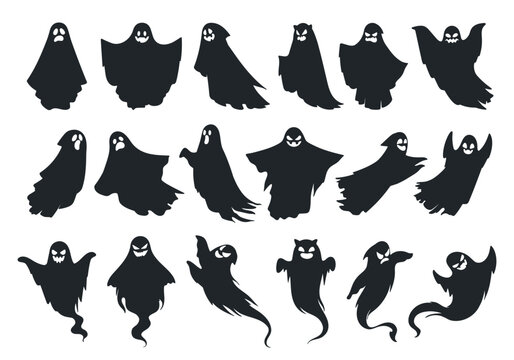 Spooky ghosts. Halloween mysterious spirits, shadow, and ghostly monsters, scary mysterious flying ghost characters flat vector illustrations set. Halloween phantom shadows