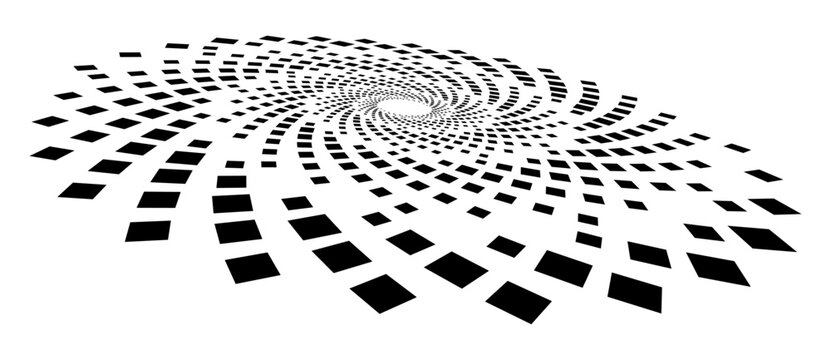 Square shapes arranged in a spiral circle shown in perspective, growing larger toward the outer edge, ideal for technology, motion, and abstract vector designs.