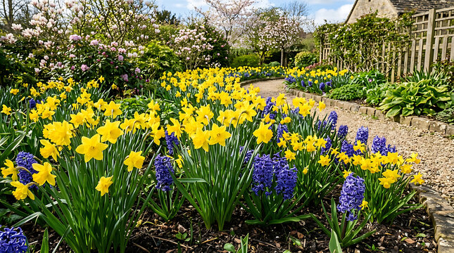 Bright yellow daffodils and purple hyacinth flowers blooming together in a sunny spring garden path during a beautiful day in the countryside with green trees and a stone wall in background
