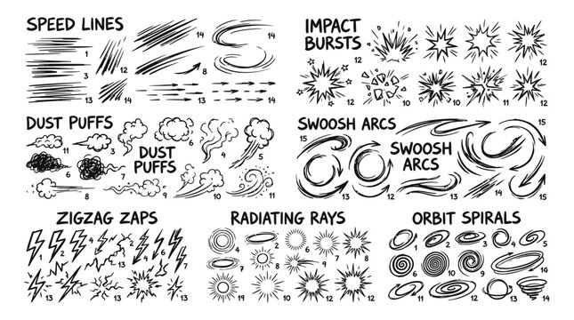 Hand Drawn Comic Speed Lines Impact Bursts and Action Effects
