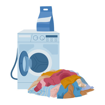 Washing machine laundry. Front load washing machine with colorful clothes and garments flat vector illustration. Household laundry appliance isolated on white background
