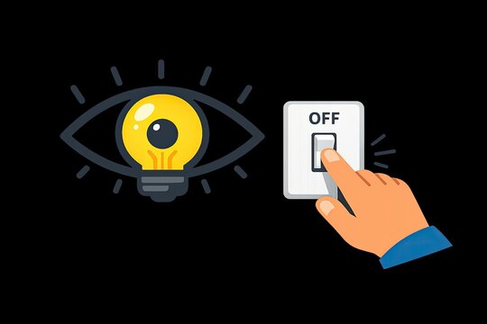 A person's hand pushes a light switch on a black background