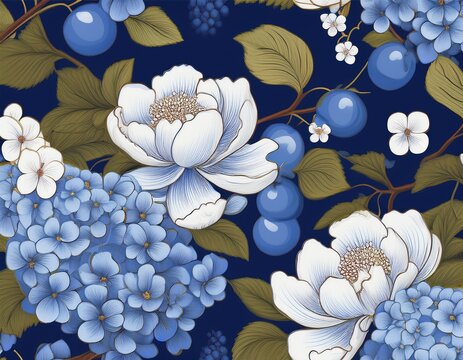 chinoiserie inspired seamless pattern of blue hydrangeas white blossoms and stylized plums or berries for fabrics wallpapers or luxury home decor