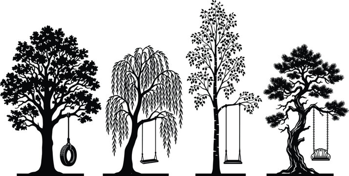Tree Swing Silhouette Set Featuring Oak Willow Pine and Tire Hanging Swings for Landscape and Garden Graphic Designs