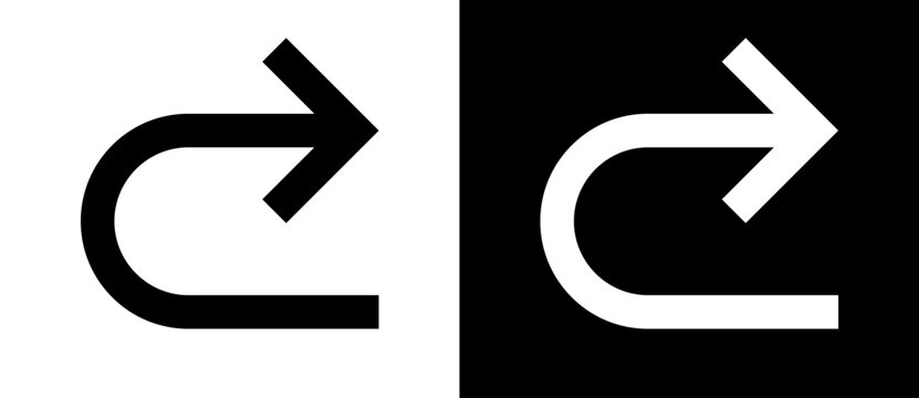 Curved arrow bending upward from a horizontal line into a sharp point, shown in black and white color variants, ideal for redo, forward, and navigation icon designs.