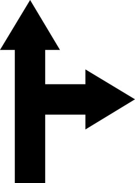 Black Three Way Direction Arrow PNG, Upward and Right Navigation Symbol with Multiple Directional Points Isolated on Transparent Background