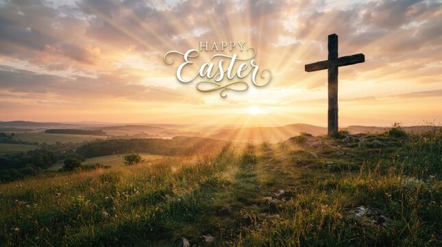 A breathtaking landscape showcases a vibrant sunrise over a rolling green hill, with a weathered wooden cross prominently positioned on its peak.