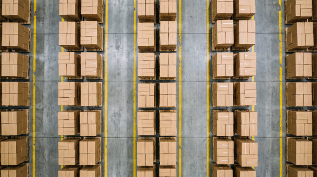 Overhead view of pallets of cardboard boxes arranged in rows on a warehouse floor