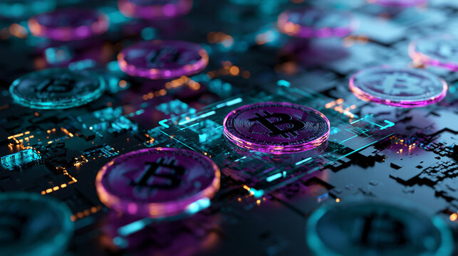 Futuristic Bitcoin cryptocurrency symbols glowing on digital high technology circuit